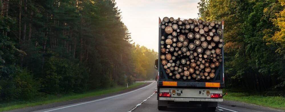 logging truck traveling down NC rural highway with a unsecured load